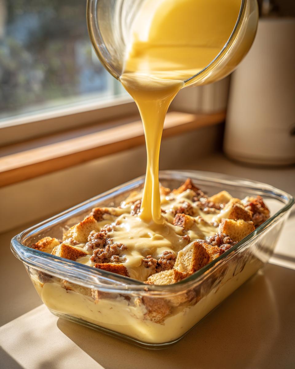 Pouring rich, yellow custard mixture over bread cubes and sausage in a glass dish for a christmas breakfast casserole.