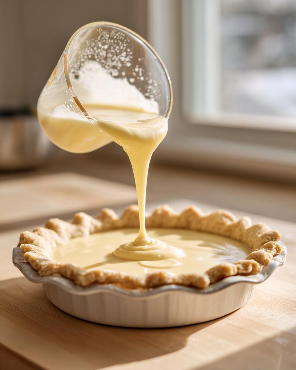 Pouring thick, creamy filling into a pie crust to make a delicious custard pie.