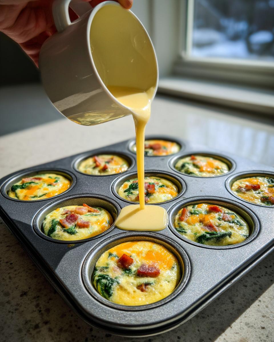 A hand pours liquid egg mixture from a white mug into a muffin tin already partially filled with spinach and bacon egg bites.