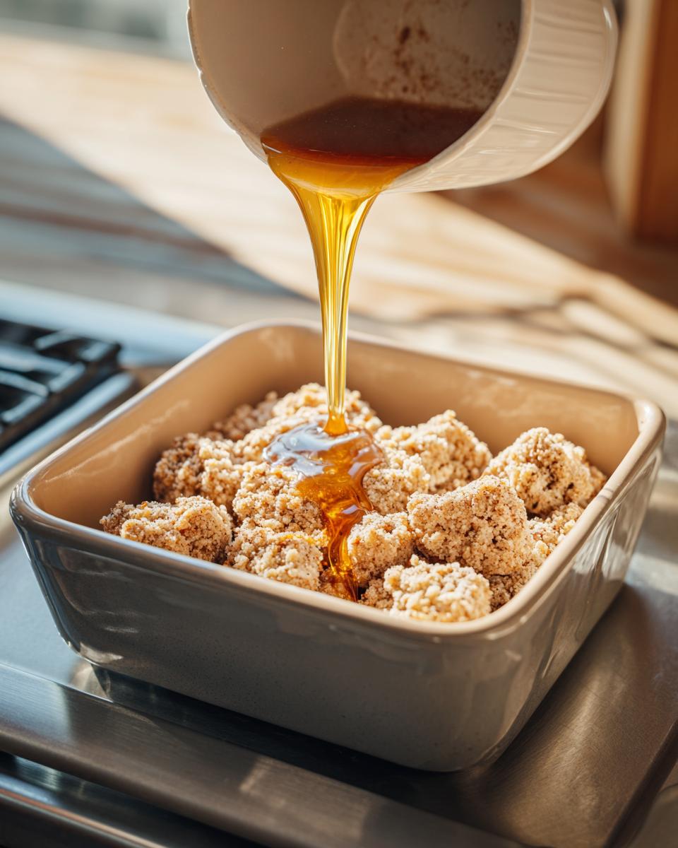 Pouring thick, golden glaze over uncooked cinnamon roll bites dough in a square baking dish.