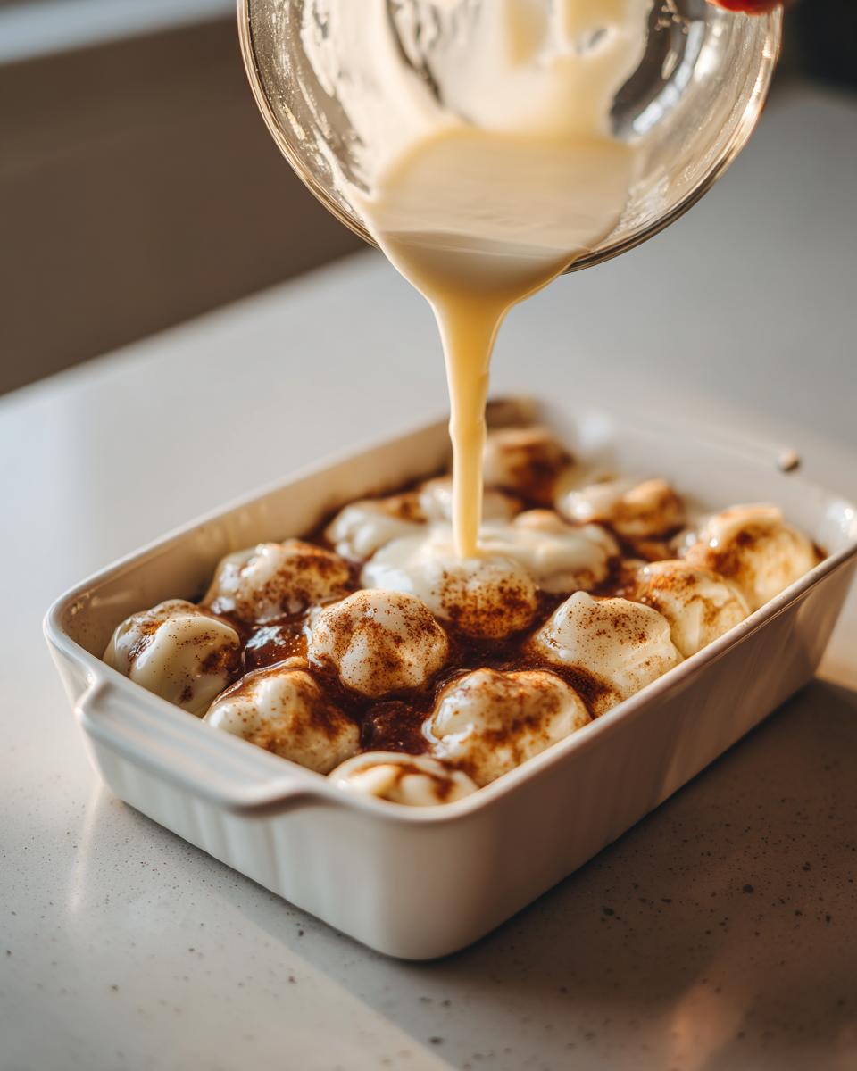 Pouring a thick liquid, likely heavy cream, over unbaked cinnamon rolls dusted with cinnamon in a white baking dish.