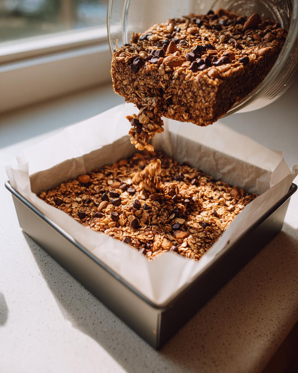 Pouring the mixture for homemade granola bars, full of oats, nuts, and chocolate chips, into a parchment-lined baking pan.