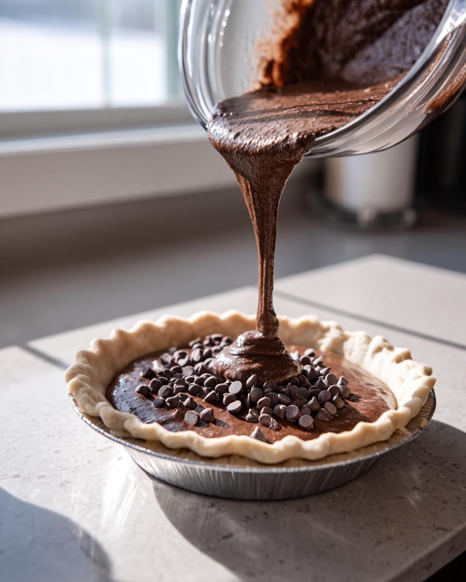 Thick chocolate fudge filling being poured over chocolate chips in an unbaked hot fudge pie crust.