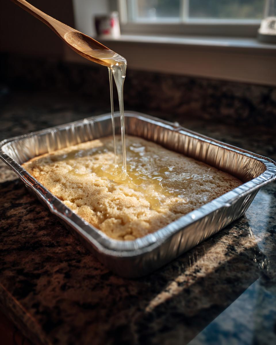 A wooden spoon drips liquid over a baked jello poke cake in a foil pan.