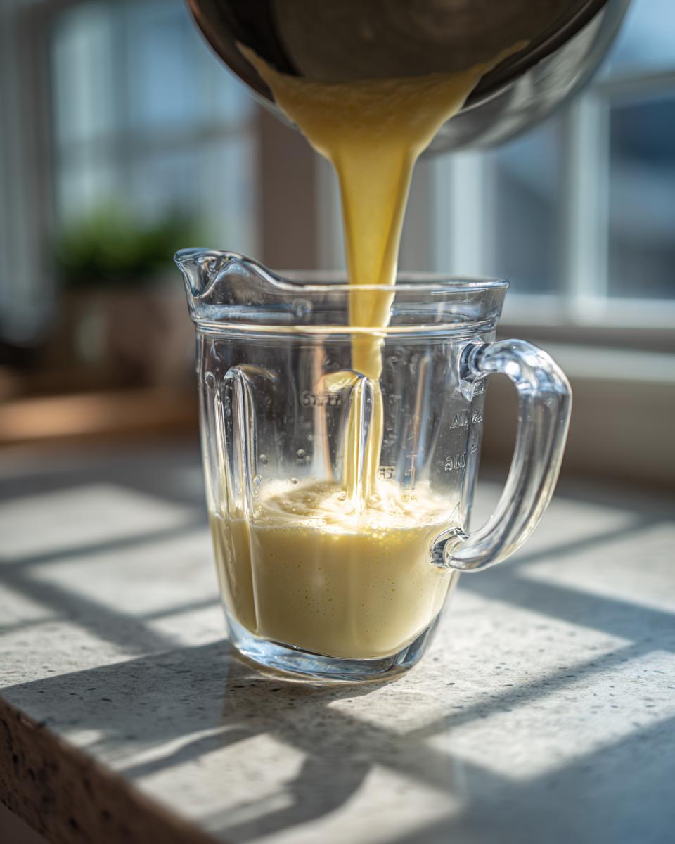 Pouring a smooth, yellow liquid mixture from a pot into a glass measuring cup while making cottage cheese egg cups starbucks hack.