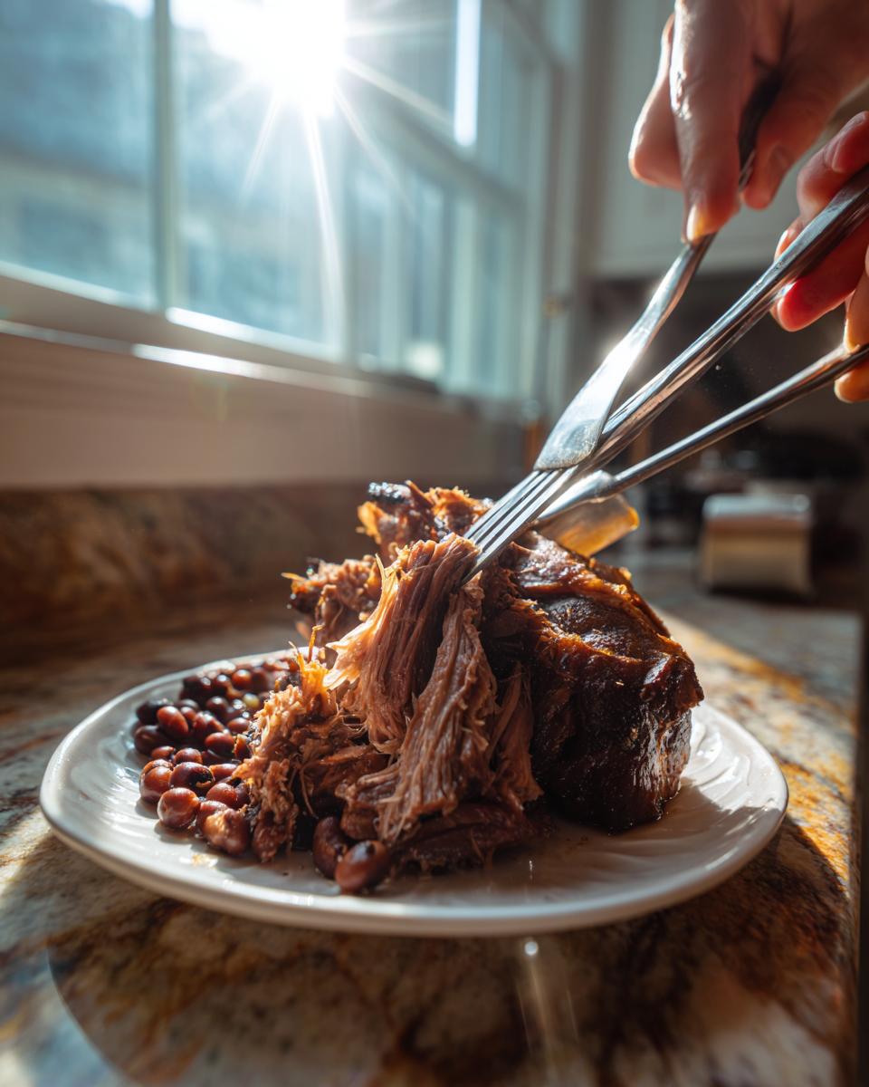 Hands shredding tender meat served alongside a portion of savory black eyed peas on a white plate.