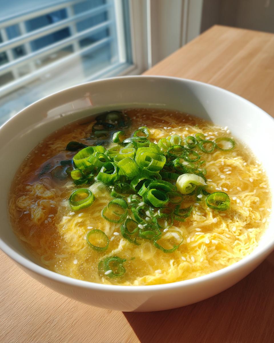 A close-up of a white bowl filled with hot egg drop soup, topped generously with sliced green onions and sesame seeds.
