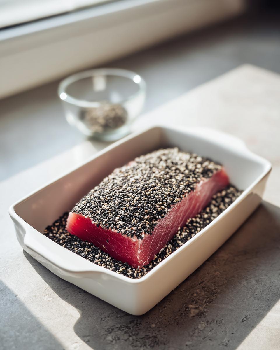 Raw block of Seared Ahi Tuna being thoroughly coated in black and white sesame seeds in a white dish.