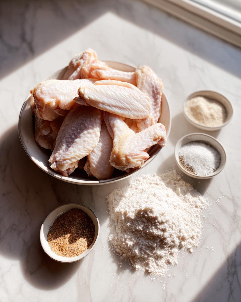 Raw chicken wings in a bowl next to flour and seasoning bowls for making crispy chicken wings.
