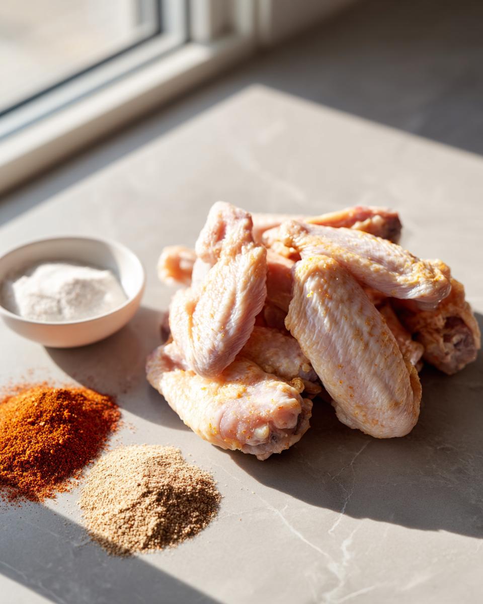 Raw chicken wings lightly seasoned, next to piles of paprika, ginger powder, and a bowl of flour for making crispy air fryer chicken wings.
