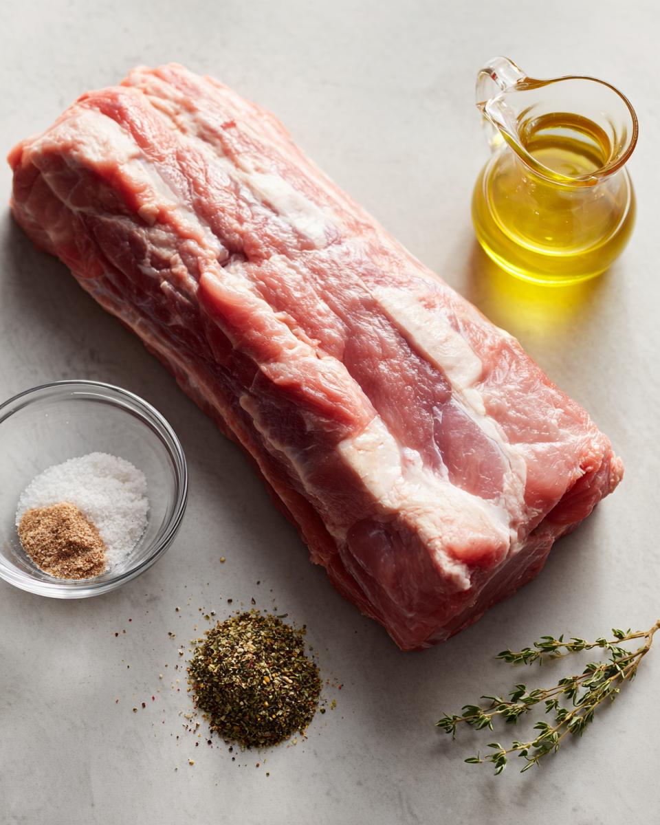 A raw pork loin roast surrounded by ingredients: olive oil, salt, pepper mix, and fresh thyme sprigs.