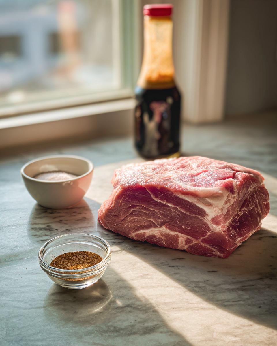 Raw pork shoulder next to spices and sauce for making Slow Cooker Pulled Pork.