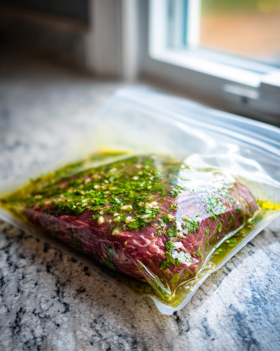 Raw steak soaking in a vibrant green carne asada marinade inside a sealed plastic bag on a granite counter.