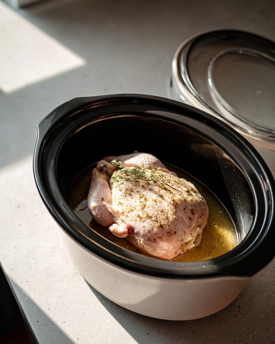 Raw, seasoned turkey breast resting in liquid inside a slow cooker, ready for cooking.
