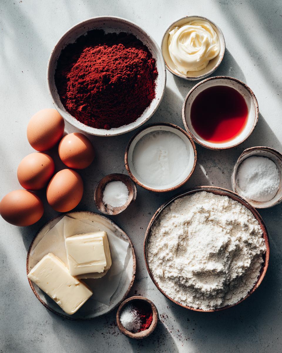 Overhead shot of ingredients for red velvet cake, including flour, deep red cocoa powder, eggs, butter, and sugar.