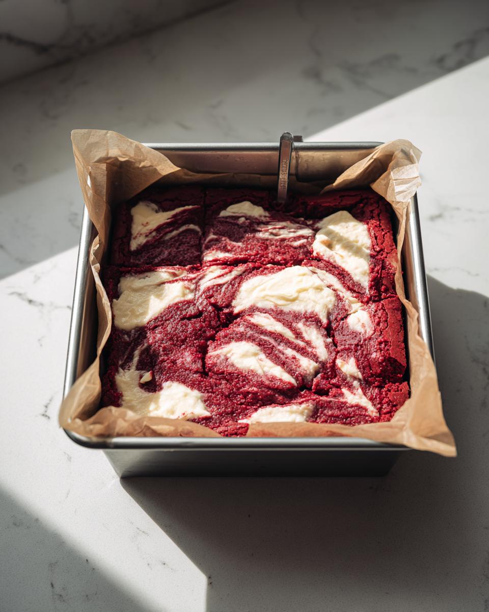 Overhead view of freshly baked red velvet cheesecake brownies with a marbled cream cheese swirl, still in the baking pan.