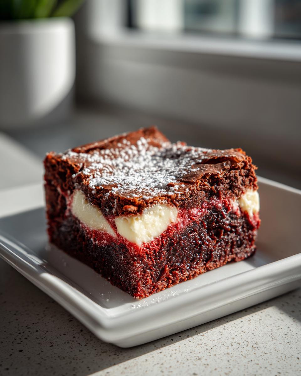 A single, rich red velvet cheesecake brownie square dusted with powdered sugar, served on a white dish.