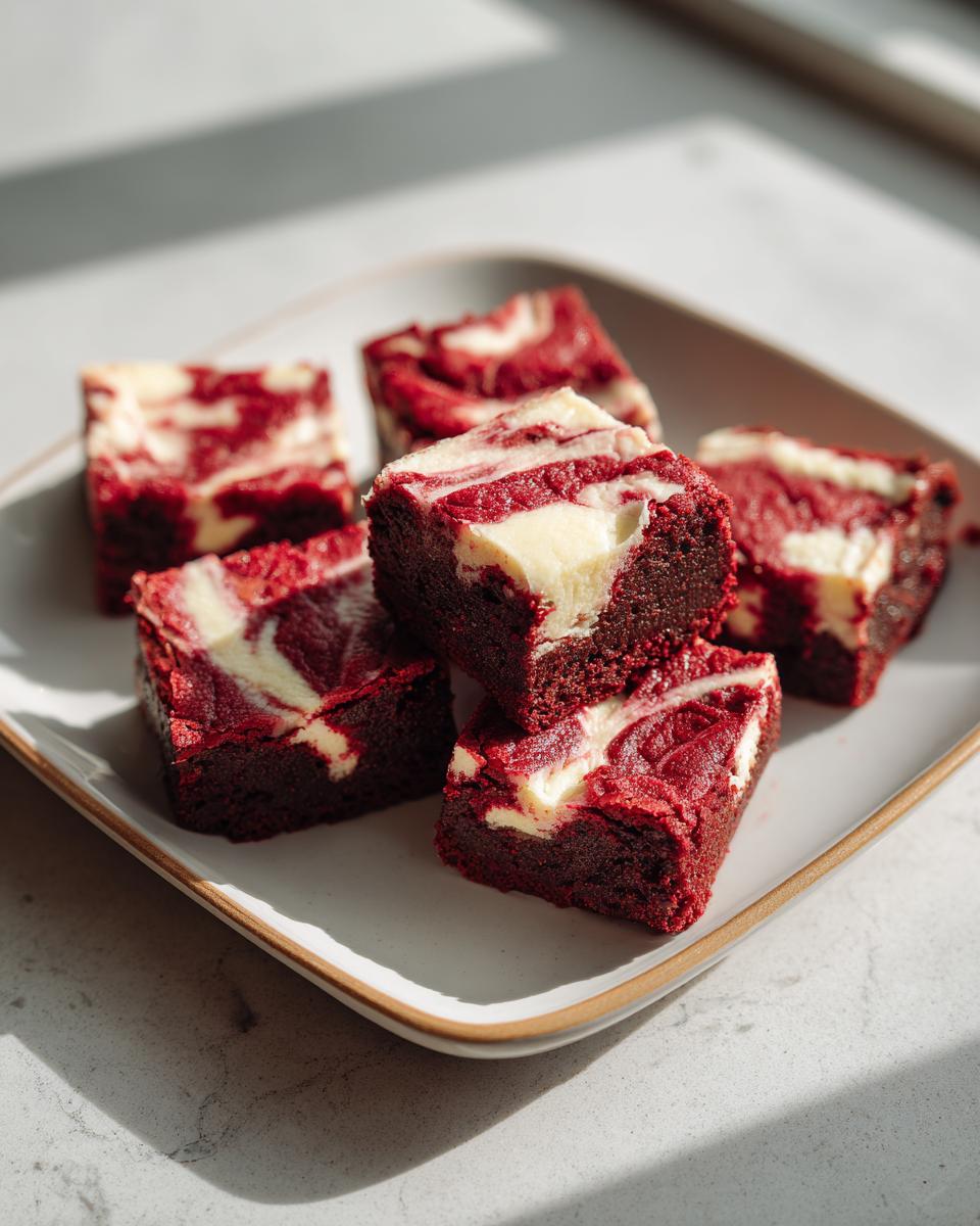 A stack of rich, fudgy red velvet cheesecake brownies with white cheesecake swirls, displayed on a light plate.