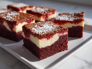 Several squares of rich red velvet cheesecake brownies, layered with cream cheese, dusted with powdered sugar.