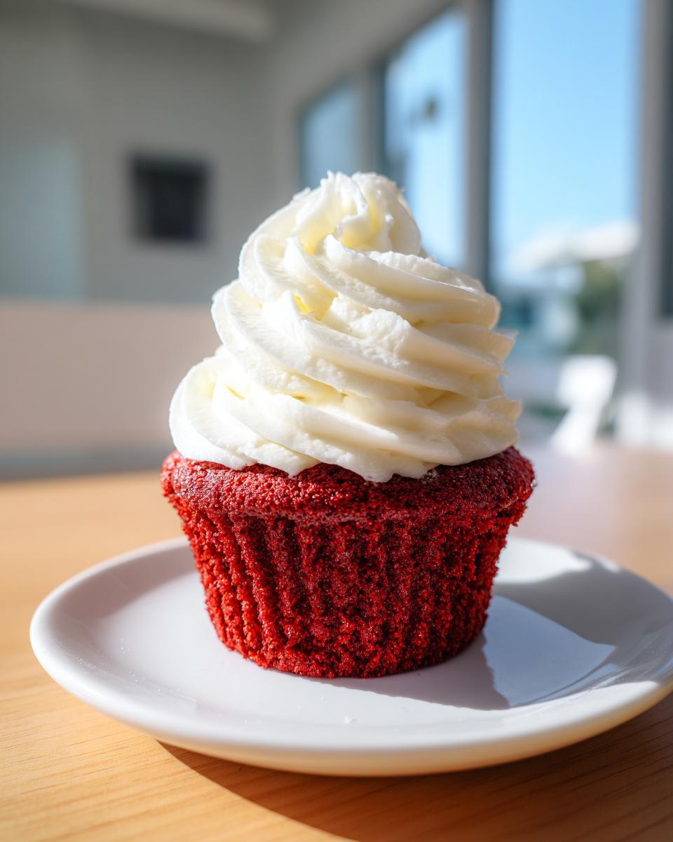 A single, vibrant red velvet cupcake topped with a tall swirl of white cream cheese frosting, sitting on a small white plate.