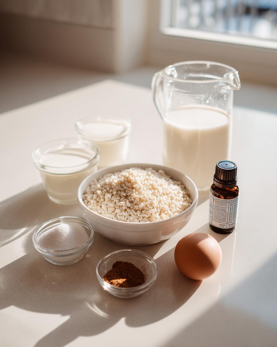 Ingredients laid out for rice pudding: a bowl of short-grain rice, milk, sugar, cinnamon, an egg, and vanilla extract.