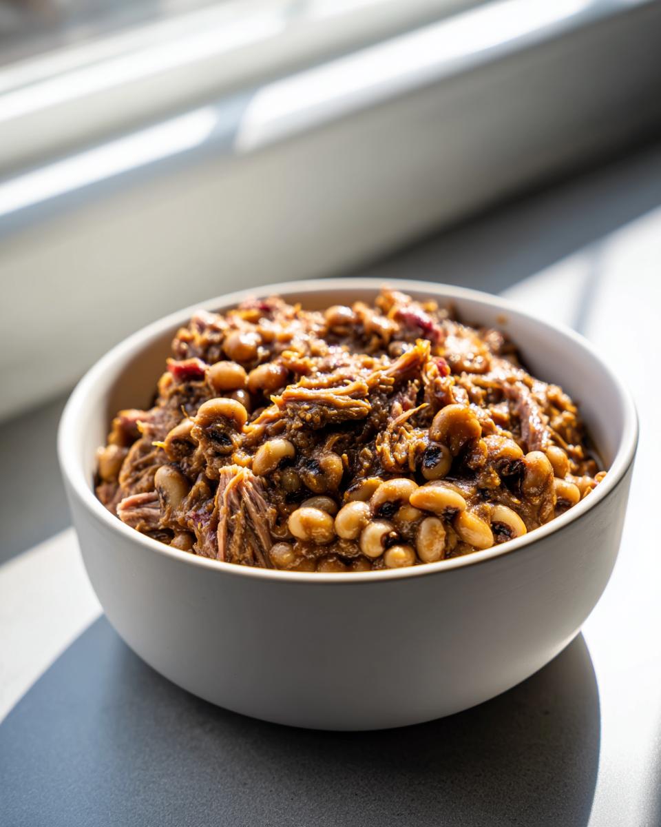Close-up of a hearty bowl of slow-cooked black eyed peas mixed with shredded pulled pork.
