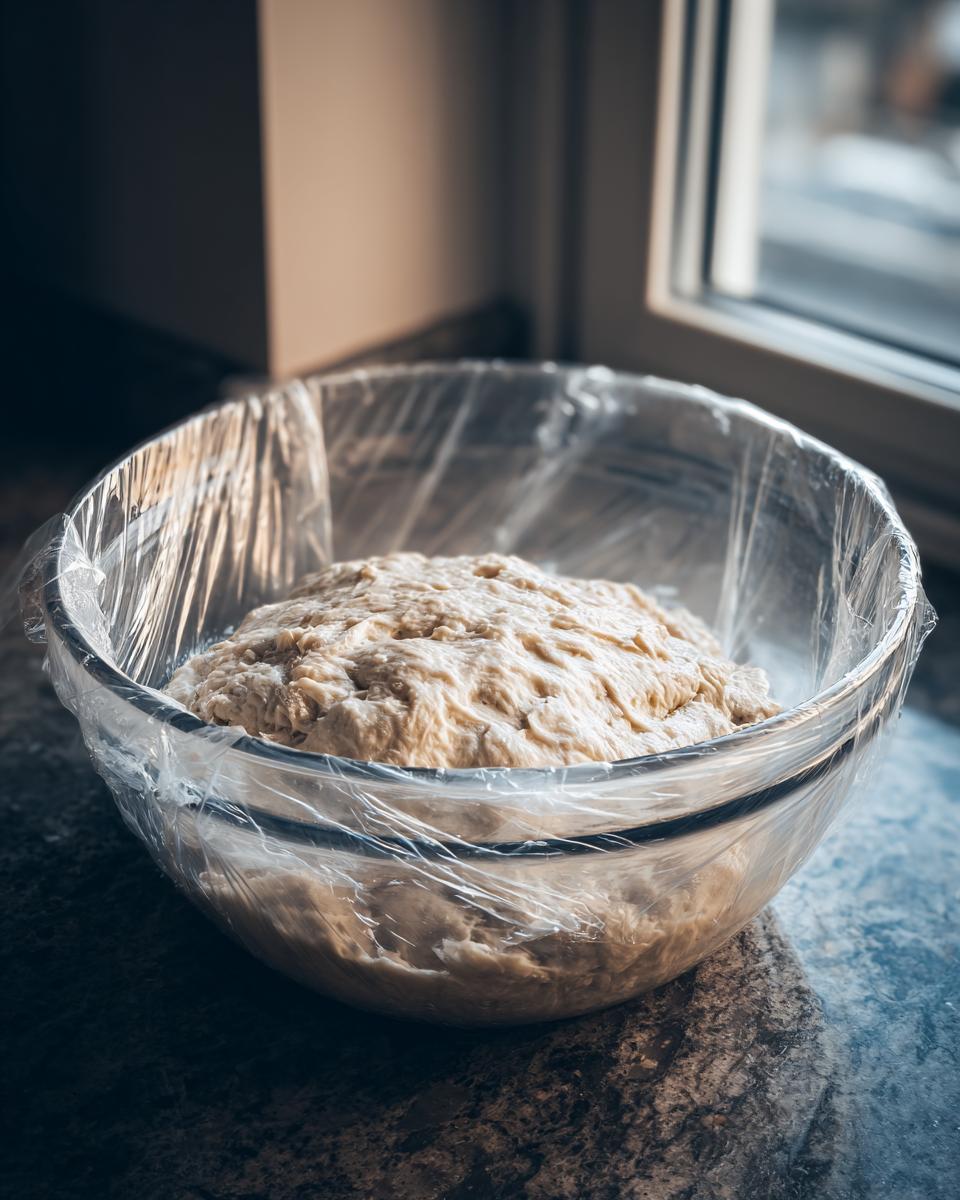 A mound of raw italian bread dough rising in a clear glass bowl covered with plastic wrap.