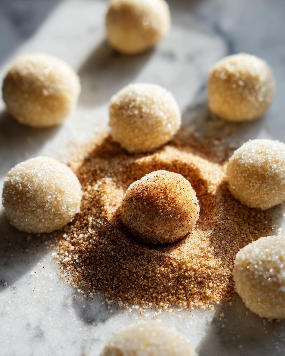 Several balls of dough being rolled in a mound of cinnamon sugar mixture for cinnamon sugar snowball cookies.