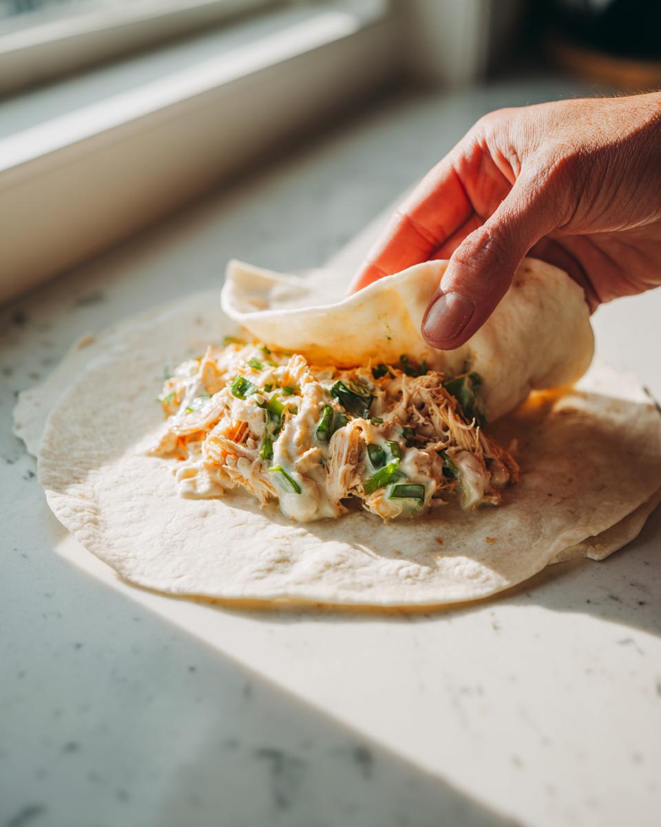 A hand rolling a tortilla filled with creamy shredded chicken mixture for white chicken enchiladas.