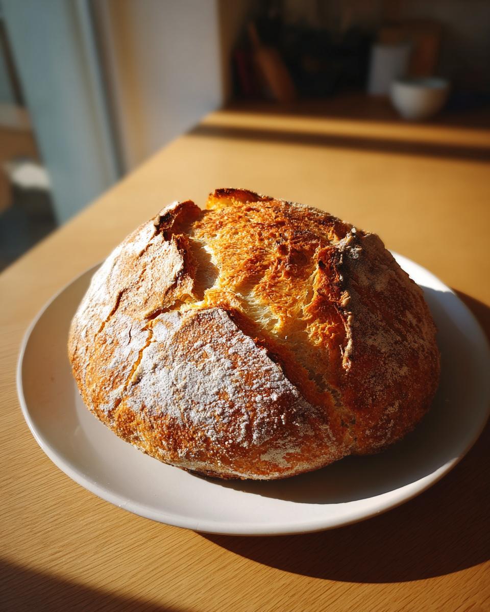 A golden-crusted, round loaf of freshly baked italian bread dusted with flour, sitting on a white plate.
