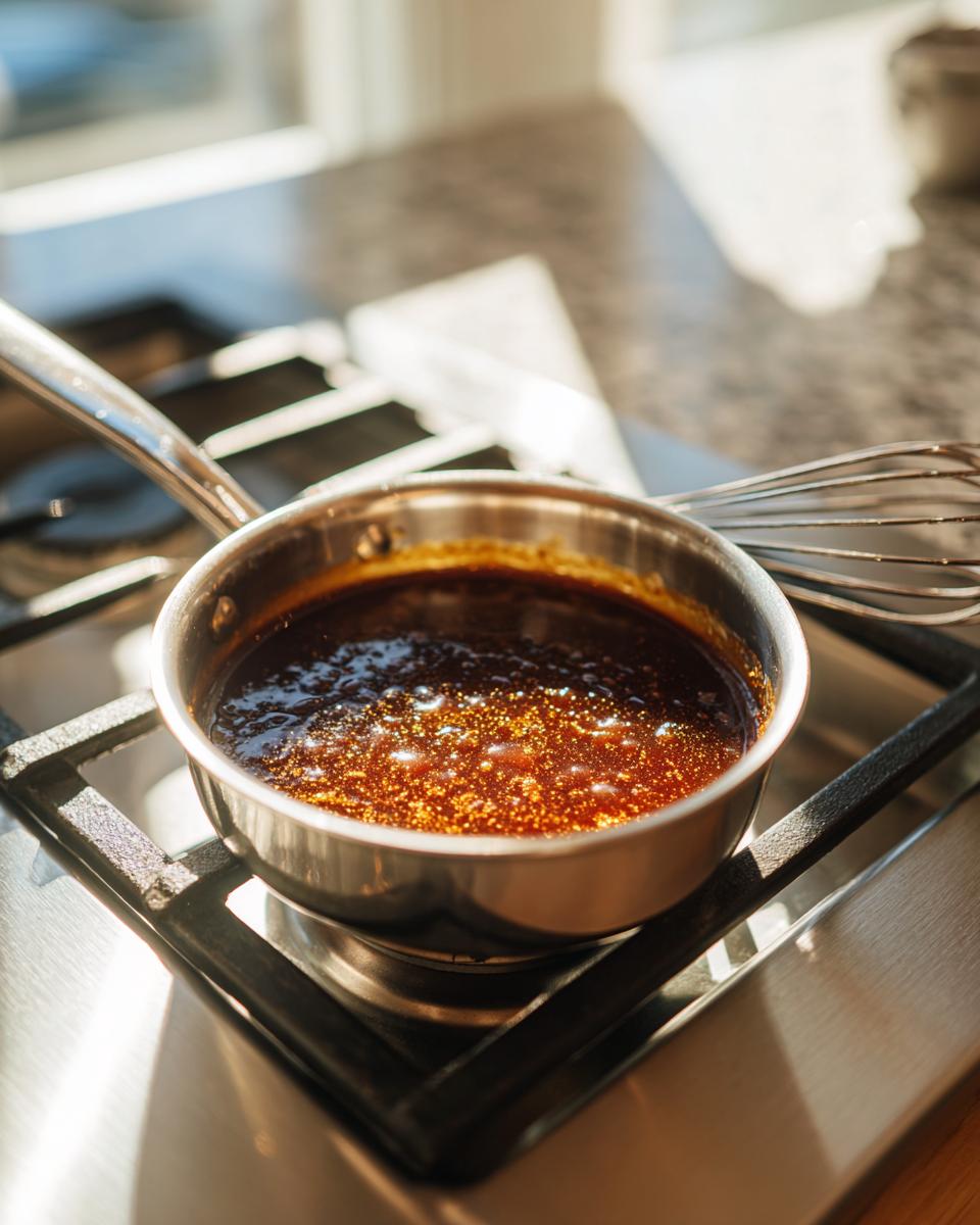 A small saucepan on a gas stovetop bubbling with rich, dark caramel sauce, likely for apple bread pudding.