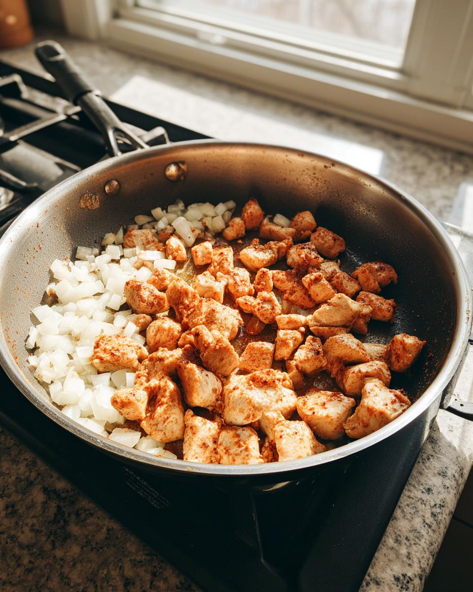 Diced, seasoned chicken cooking alongside chopped onions in a skillet for cajun chicken pasta.
