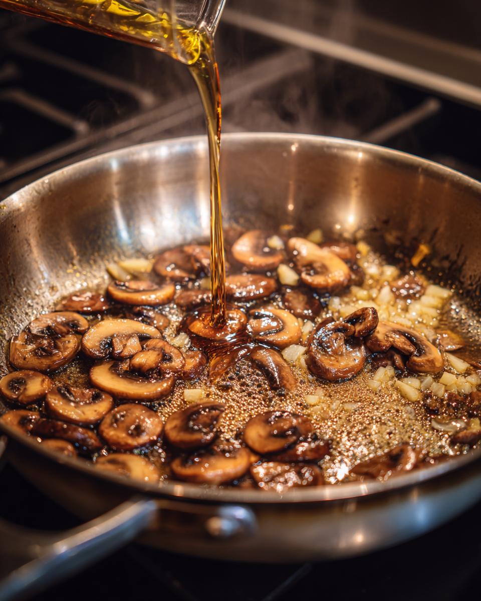 Pouring liquid into a pan of sautéed mushrooms and onions while making the chicken marsala sauce.