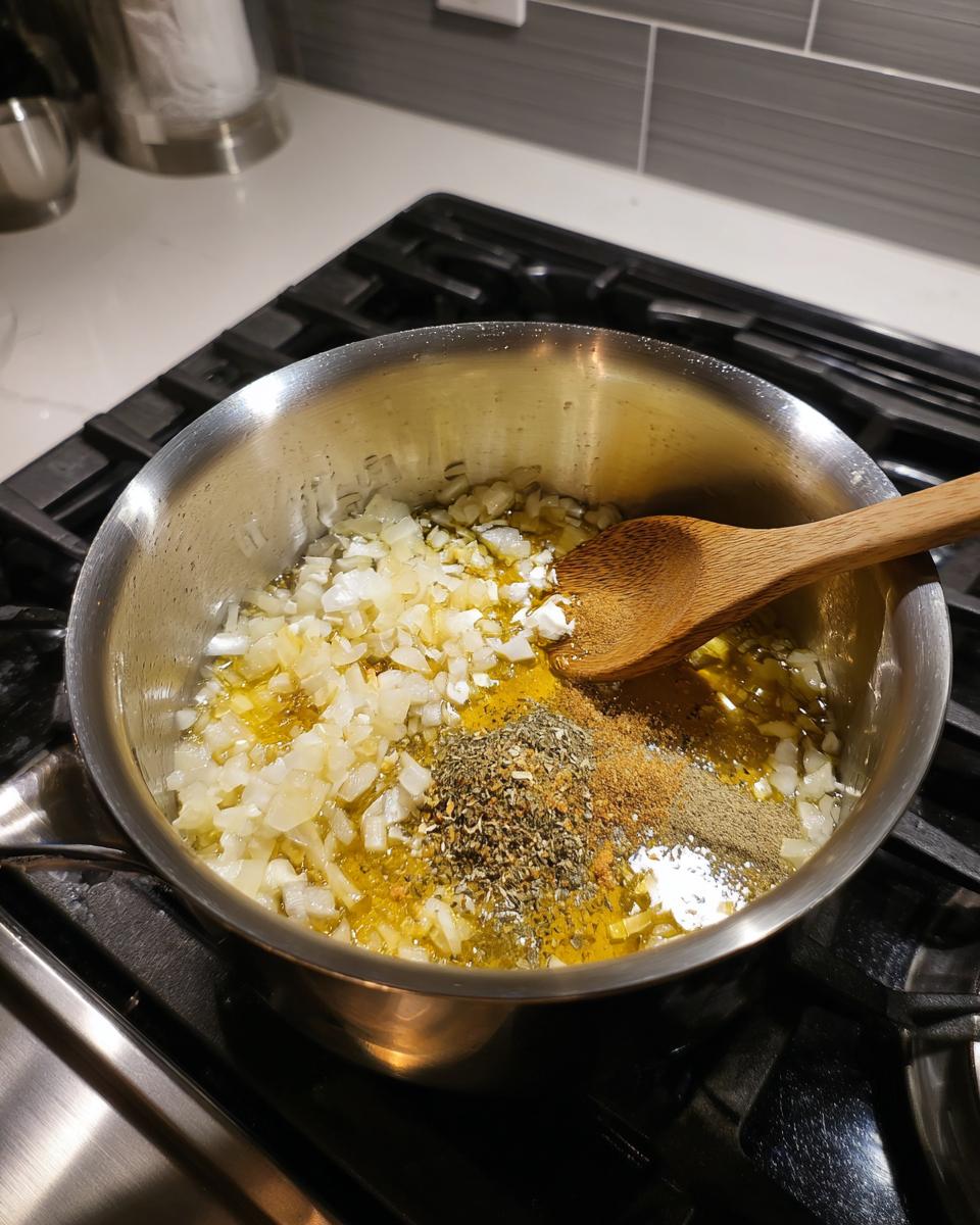 Diced onions, oil, and spices being sautéed in a pot as the first step for the tortilla soup recipe.