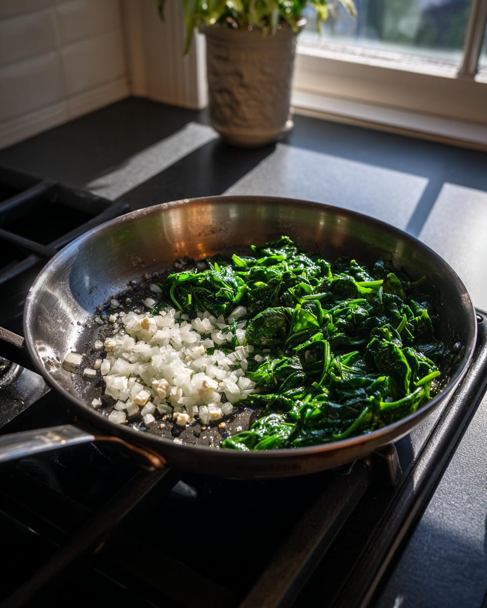 Sautéed spinach and chopped onions cooking in a stainless steel skillet on a stovetop, part of making Mediterranean Spinach and Feta Cheese Crisps.