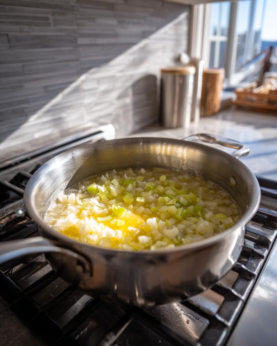 Diced onions and celery sautéing in butter in a stainless steel pot while making cheese soup.