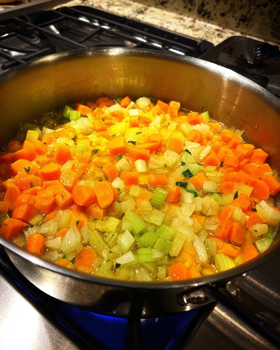 Diced carrots, celery, and onions sautéing in a pot on a blue gas flame while making turkey soup.