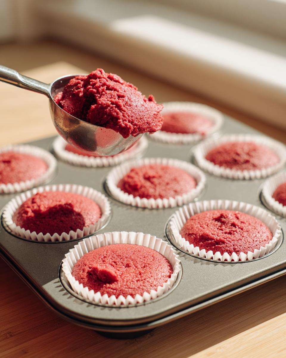 A metal scoop holds bright red batter for red velvet cupcakes above a muffin tin filled with baked red velvet cupcakes.