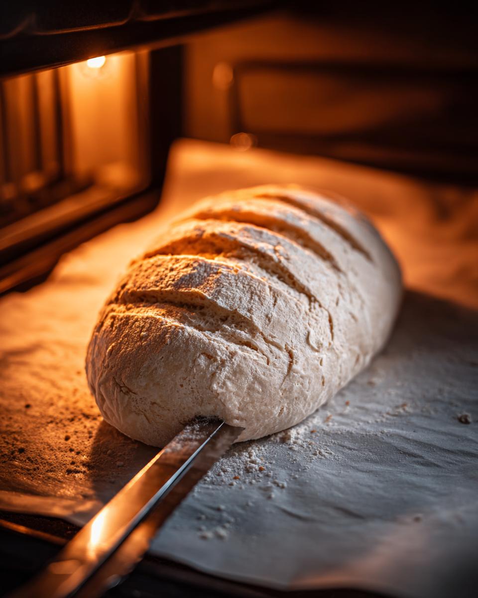 A loaf of unbaked french bread being scored with a metal blade inside a warm oven.