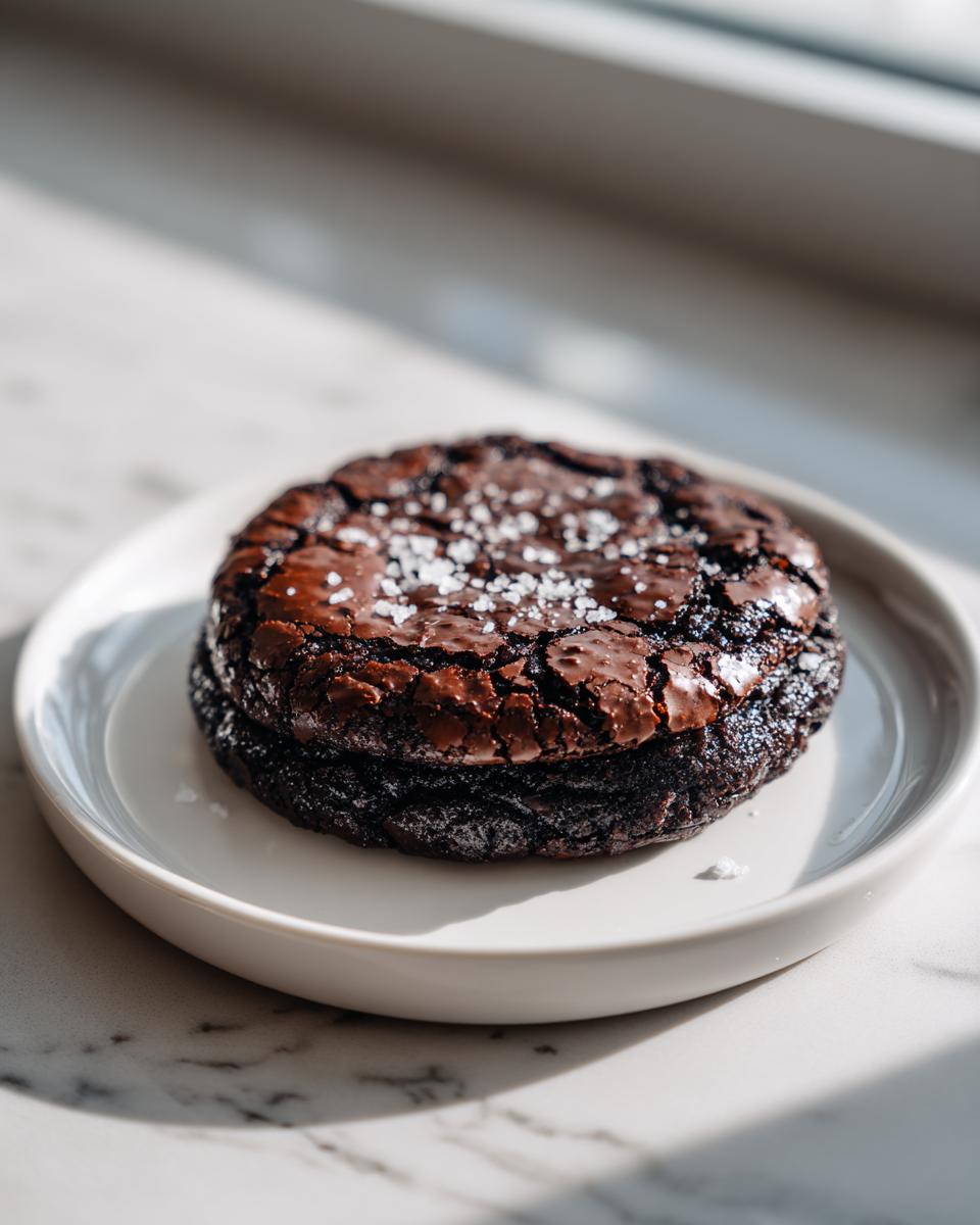 A single, rich, dark chocolate brownie cookies with a crackled top sprinkled with sea salt, served on a white plate.