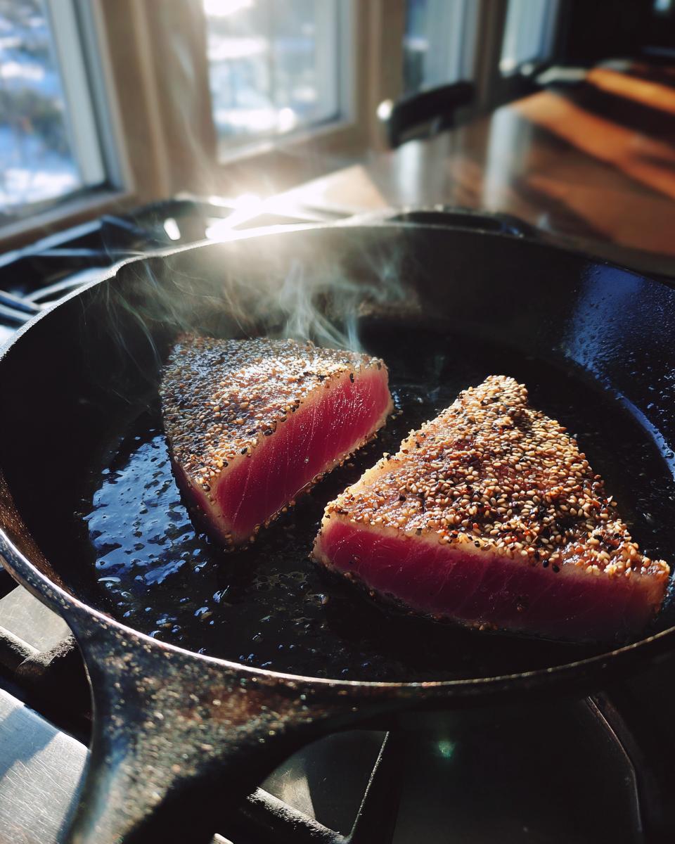 Two thick cuts of sesame-crusted Seared Ahi Tuna cooking in a cast iron skillet, showing a deep red center.