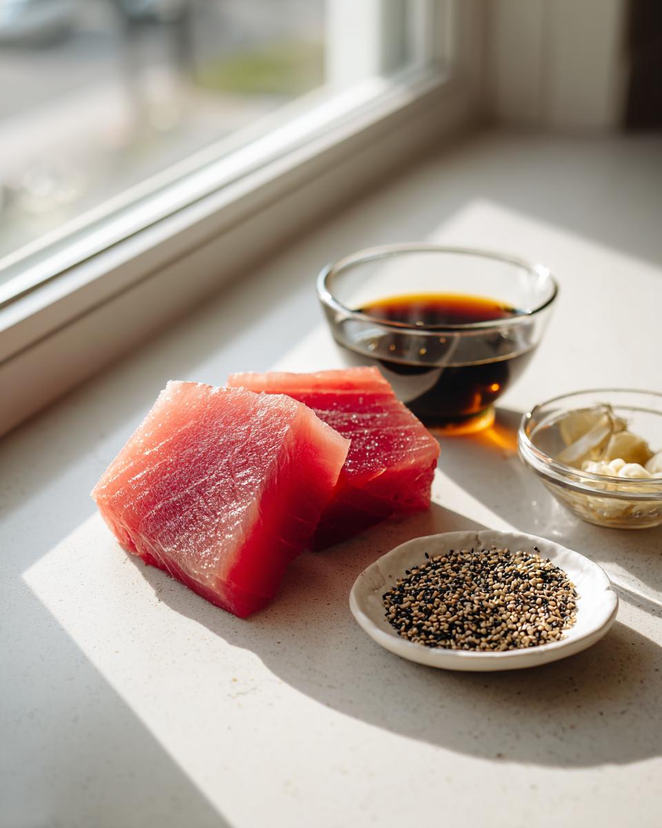 Two thick, bright red raw steaks of Seared Ahi Tuna next to sesame seeds, soy sauce, and garlic.