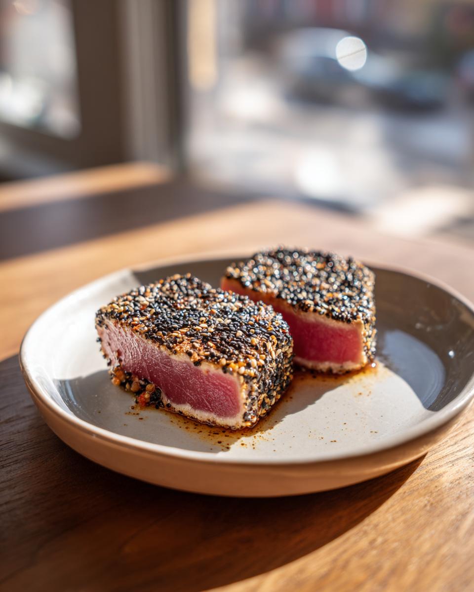 Two thick slices of sesame-crusted Seared Ahi Tuna showing a bright pink, rare center on a light plate.