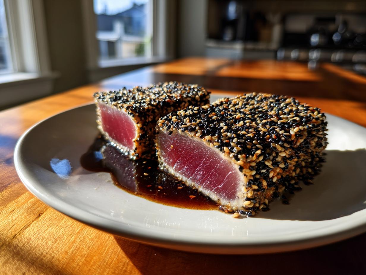 Two thick slices of sesame-crusted Seared Ahi Tuna, perfectly rare inside, resting in sauce.