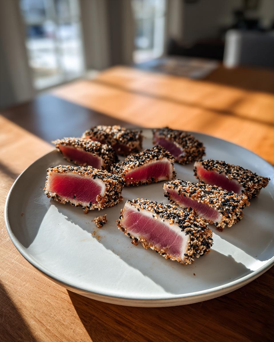 Slices of perfectly cooked Seared Ahi Tuna crusted with black and white sesame seeds on a light plate.