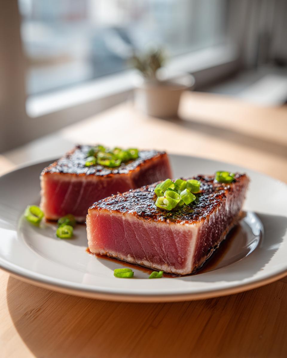 Two perfectly seared tuna steak pieces, rare in the center, topped with fresh green onions, showcasing the result of a great MARINADE FOR TUNA STEAK.