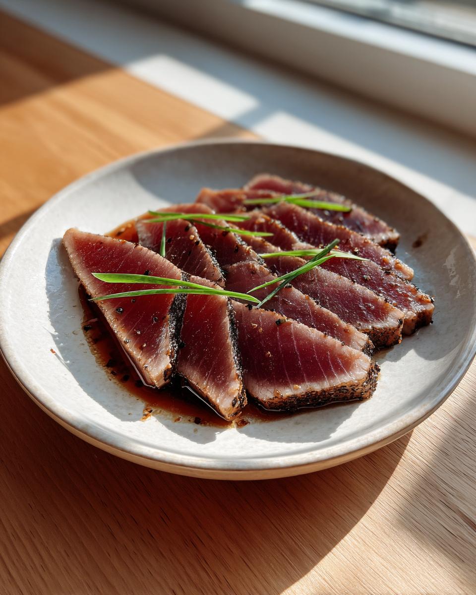 Slices of seared tuna steak, coated in spices and sitting in a dark marinade, garnished with chives.