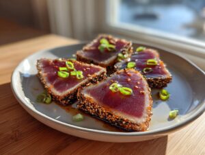 Four slices of seared, sesame-crusted tuna steak drizzled with sauce and topped with green onions, showing the pink interior.