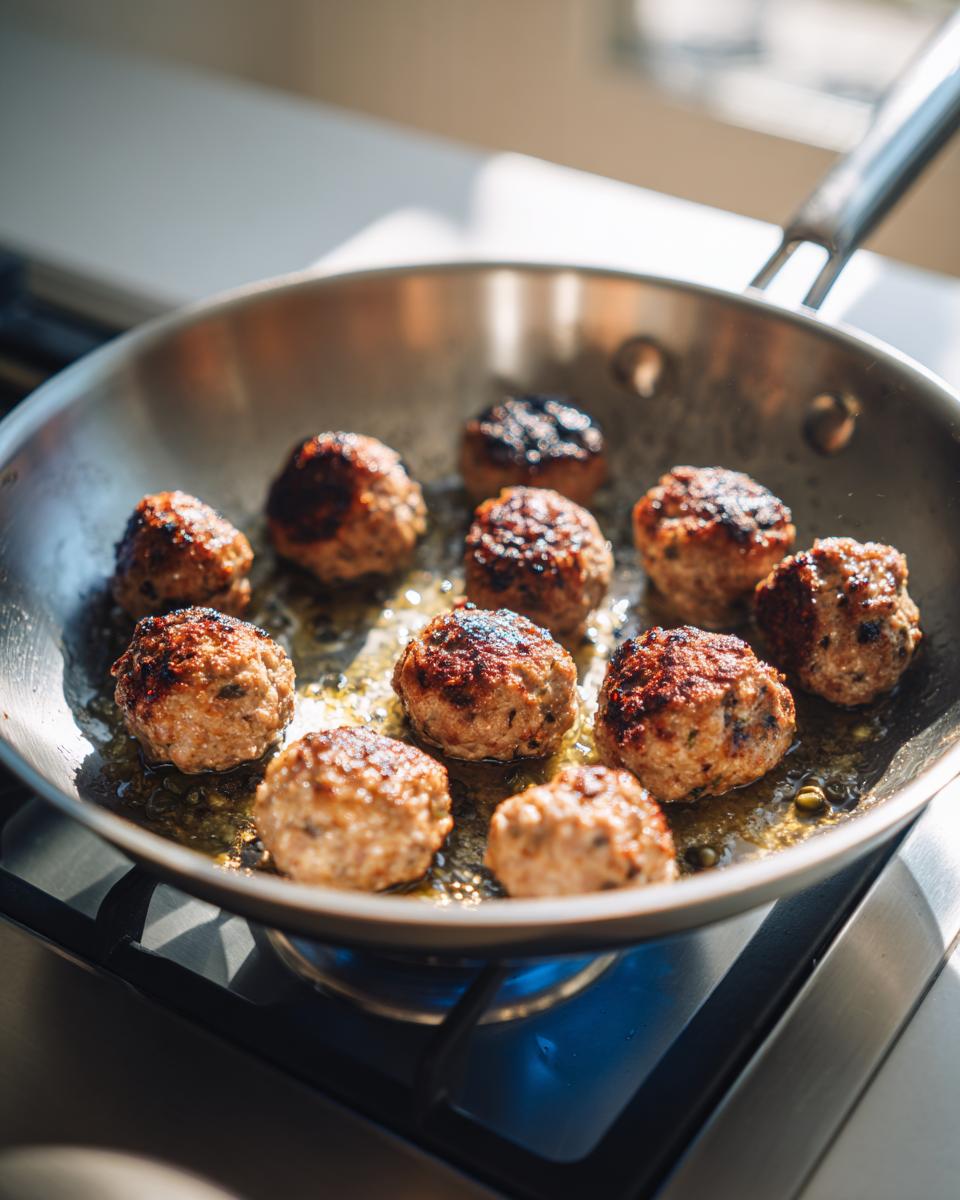 Close-up of several golden-brown chicken piccata meatballs searing in oil in a stainless steel skillet over a blue gas flame.