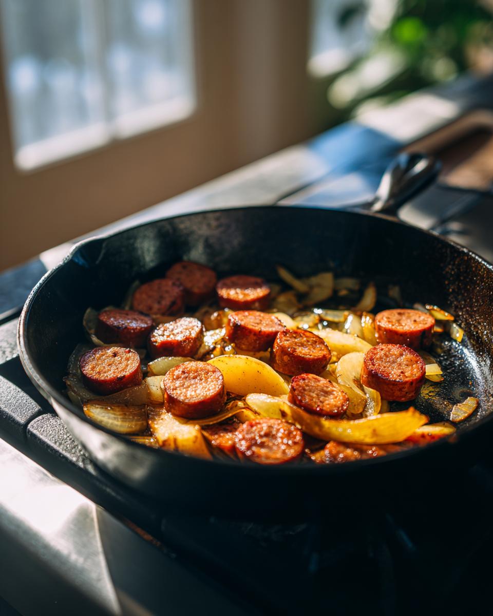 Slices of browned chicken sausage and onions cooking in a cast iron skillet, a key step for chicken sausage pasta.